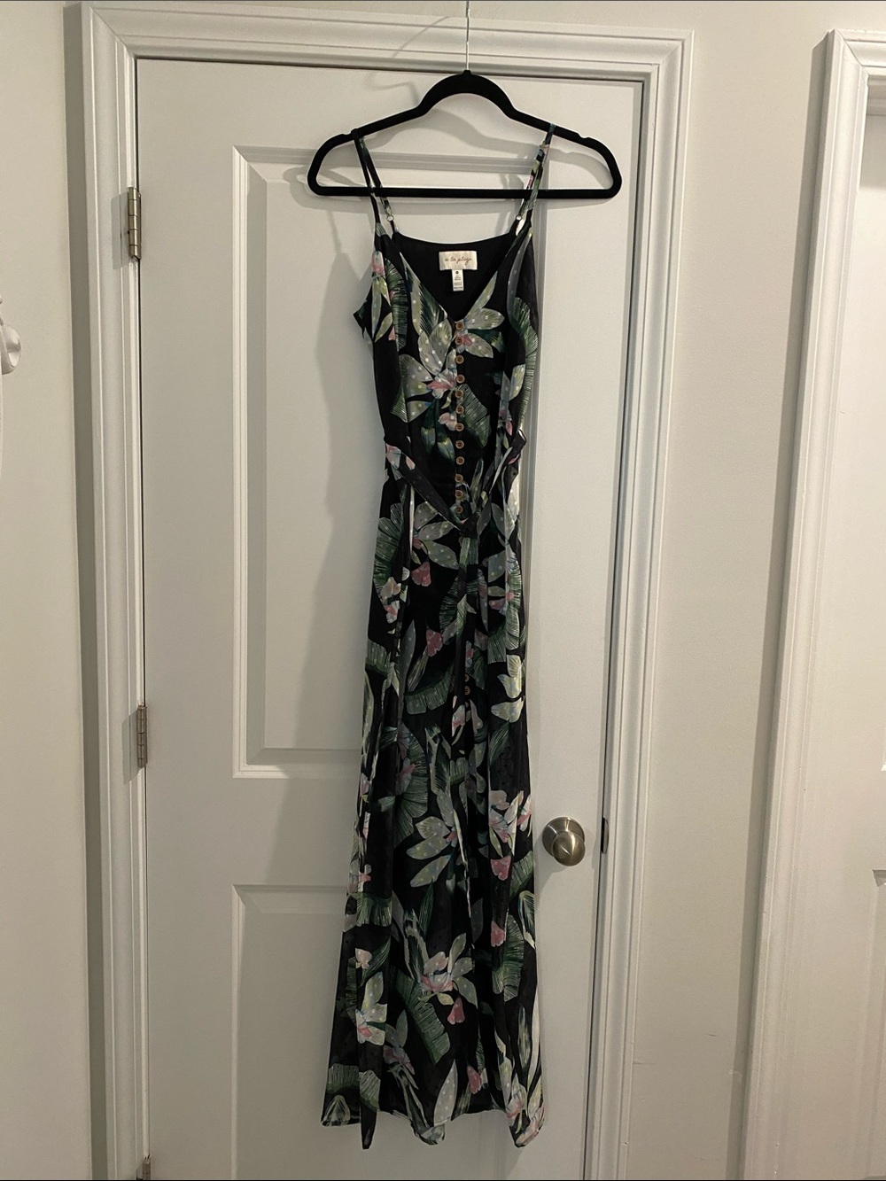 Black Floral Maxi Dress with Green Leaf Print by Reformation